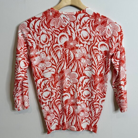 🧡 Orange/Red Floral Print Cardigan Sweater w/ Vintage-inspired buttons Size S - Picture 6 of 7
